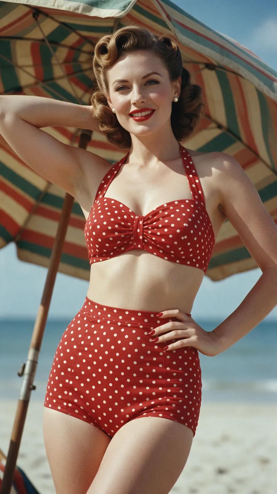 Retro AI pin-up bikini portrait with red polka dots, victory-roll hair, and a striped umbrella