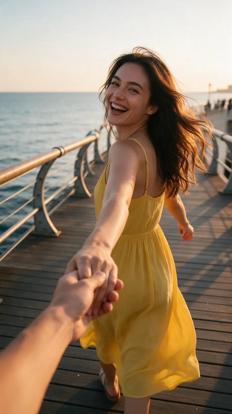 Girlfriend-POV image of an adult woman holding hands on a seaside boardwalk