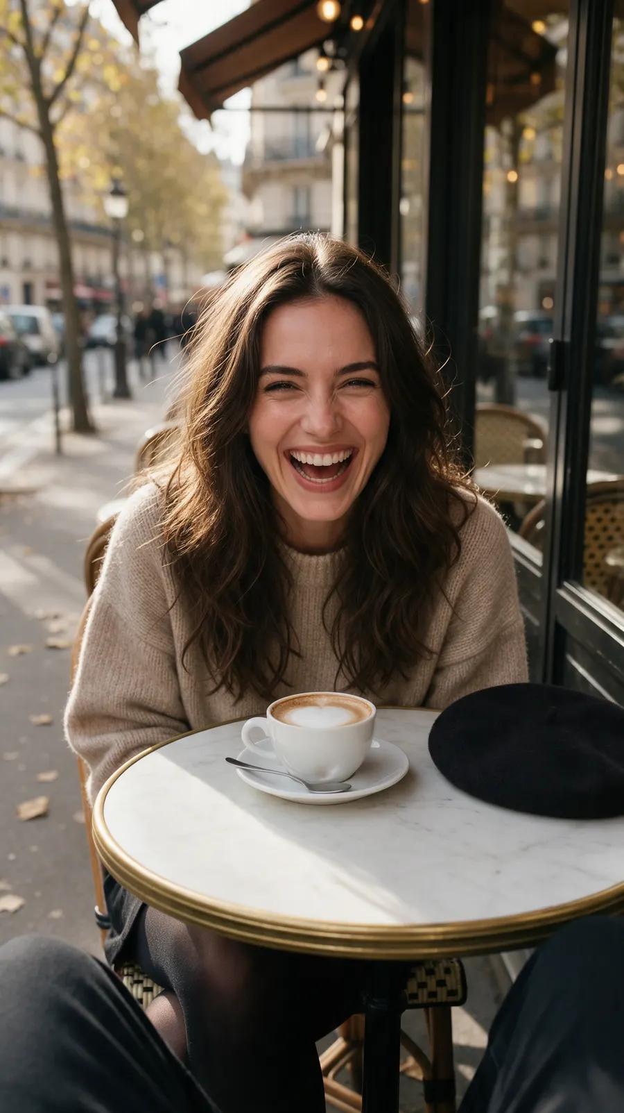 AI girlfriend photo of an adult brunette laughing at a Paris café in autumn light
