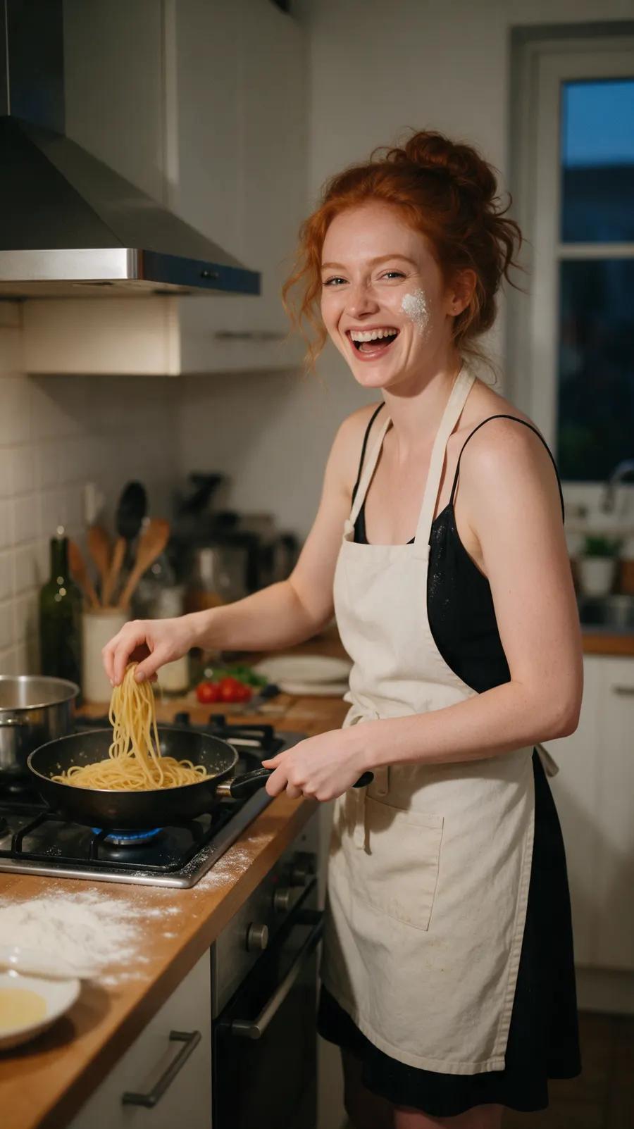 Virtual girlfriend picture of an adult redhead laughing while cooking pasta