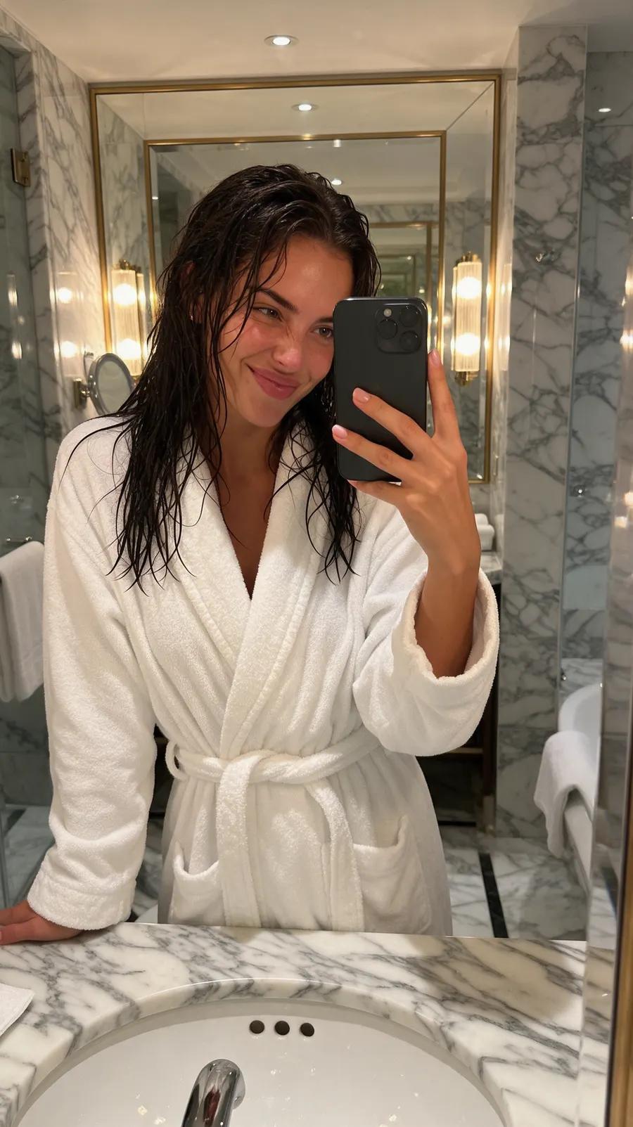 Virtual girlfriend mirror selfie in a hotel bathrobe with wet dark hair and a playful smile