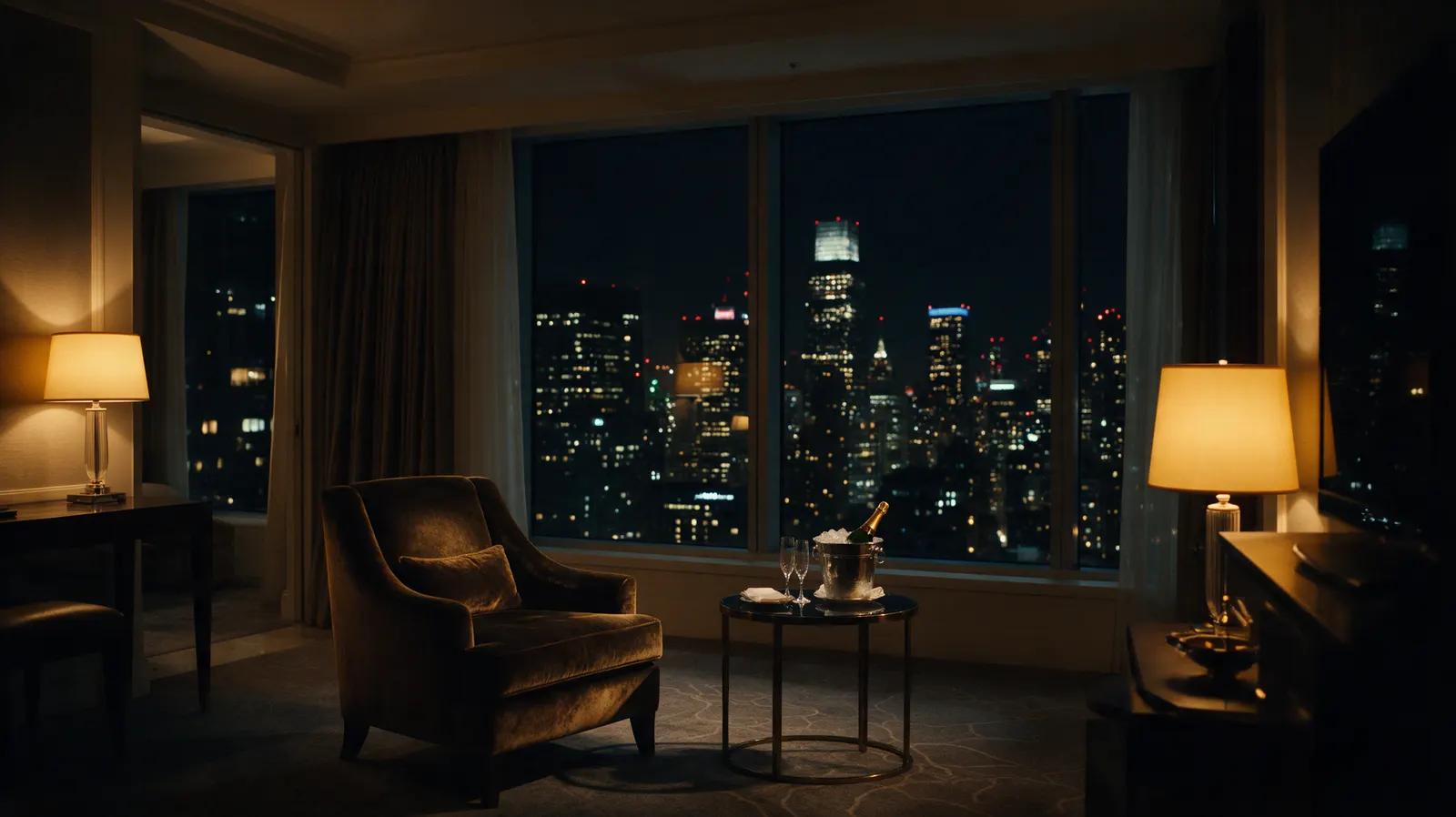 Reference image 2: an empty luxury hotel suite at night with a city skyline