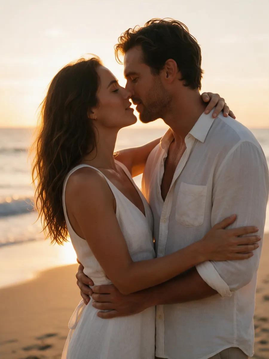 Romantic AI kissing video featuring a fictional adult couple beneath an umbrella