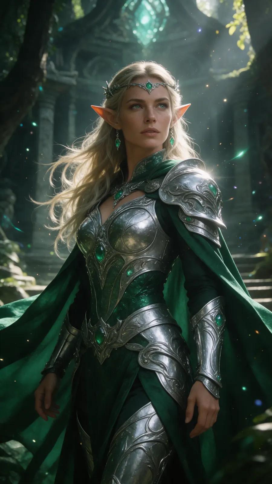 Fantasy portrait of an adult elven warrior in ornate armor inside an ancient forest temple