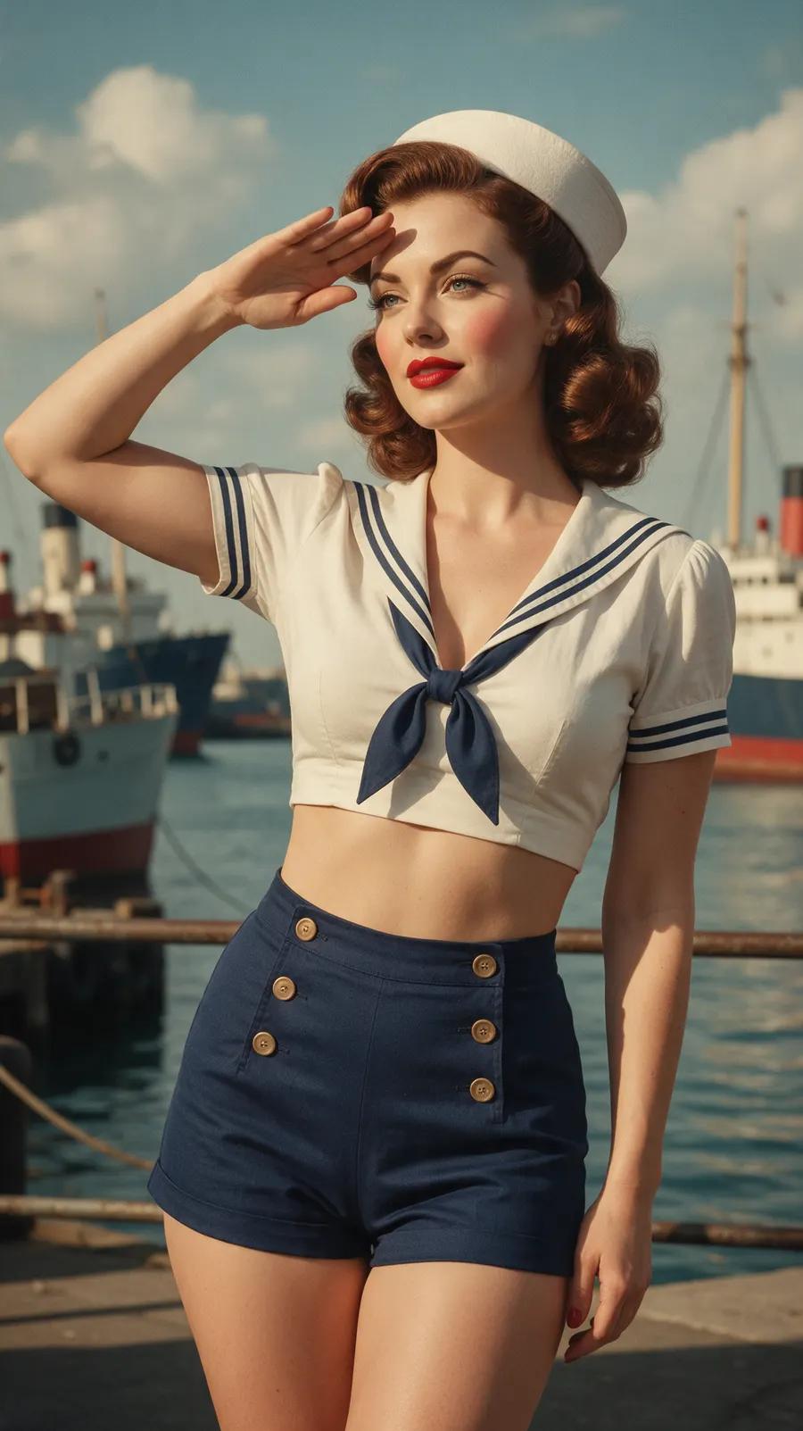 Retro AI pin-up image of an adult woman in sailor-inspired fashion at a 1940s harbor