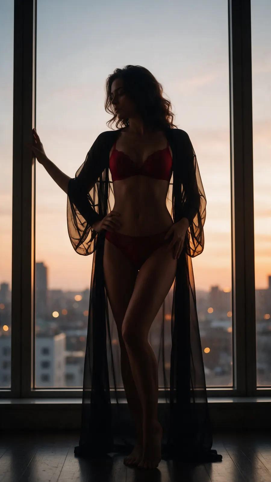 AI boudoir portrait of an adult woman in red lingerie and a sheer robe at dusk