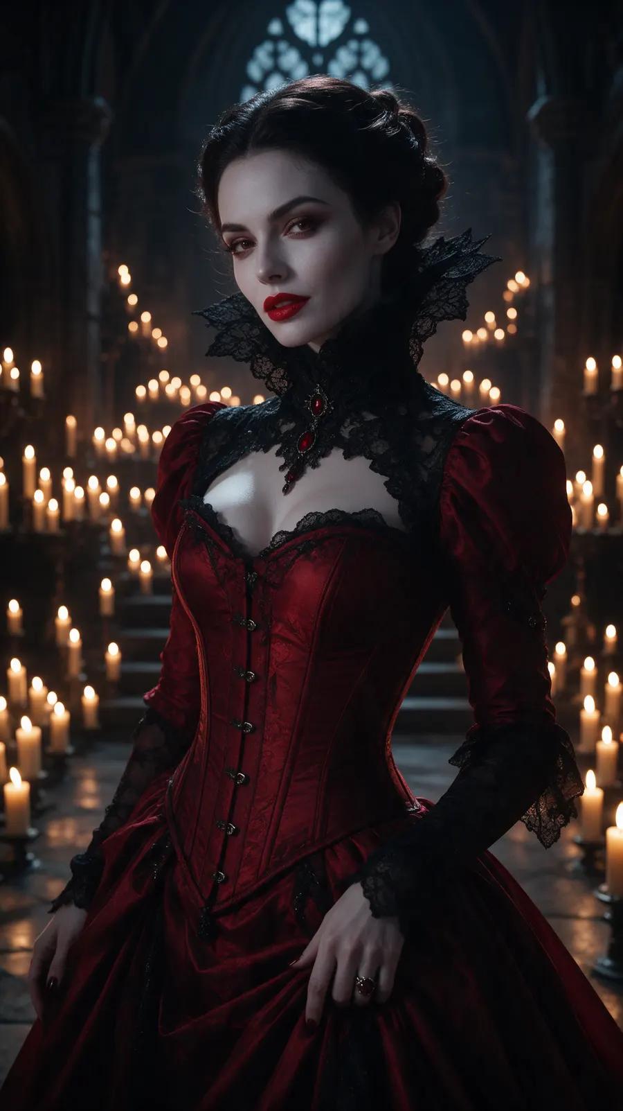 Dark fantasy vampire queen in a crimson corset gown inside a candlelit gothic hall
